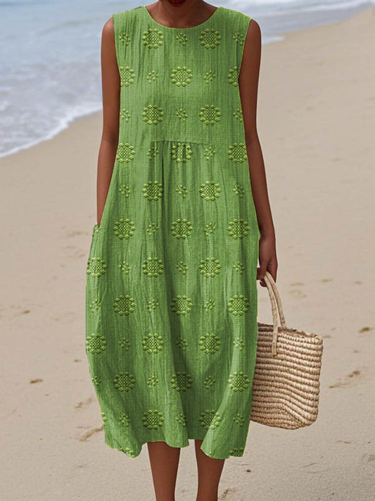 Sommerkleid Damen | Ärmellos mit Blumenstruktur & Weitem Ballonrock